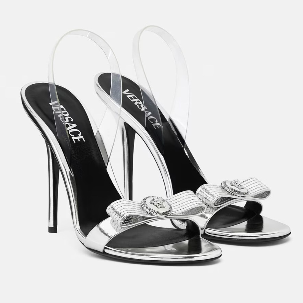 New Versace Gianni Ribbon High-Heeled Sandals – Metallic Leather with Medusa Bow